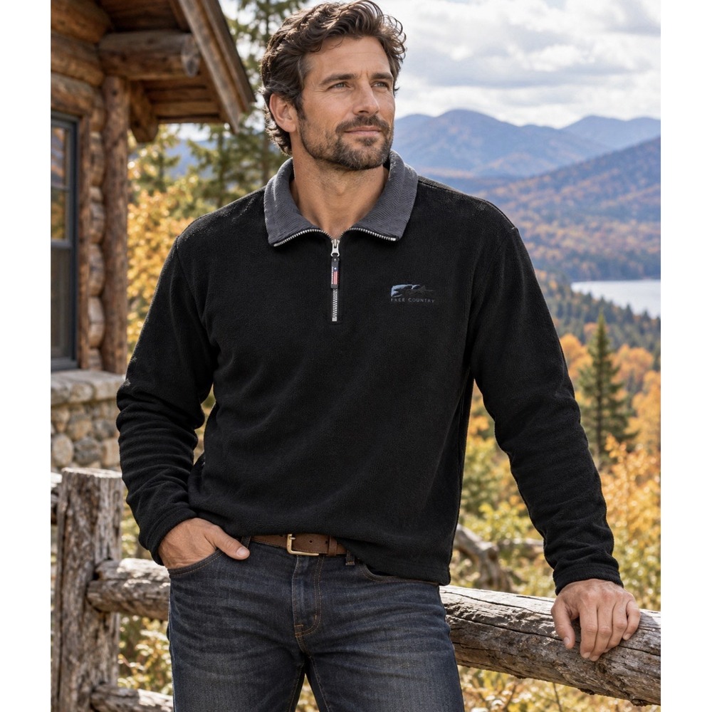 Free Country Men's Large Black Fleece Pullover with Quarter Zip